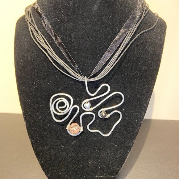Artisan Hammered Stainless Steel Swirl Pendant with Rhodonite and Hematite Beads - Picture 7 of 8